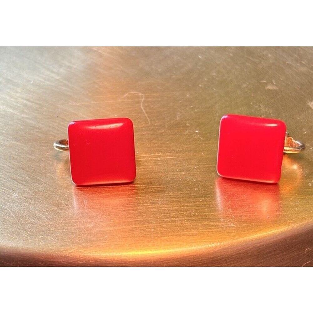 Trifari Retro Tiny Red Square Clip On Earrings Gold Tone
